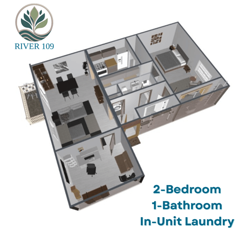 A 2-bedroom, 1-bathroom apartment with in-unit laundry is available at RIVER 109.